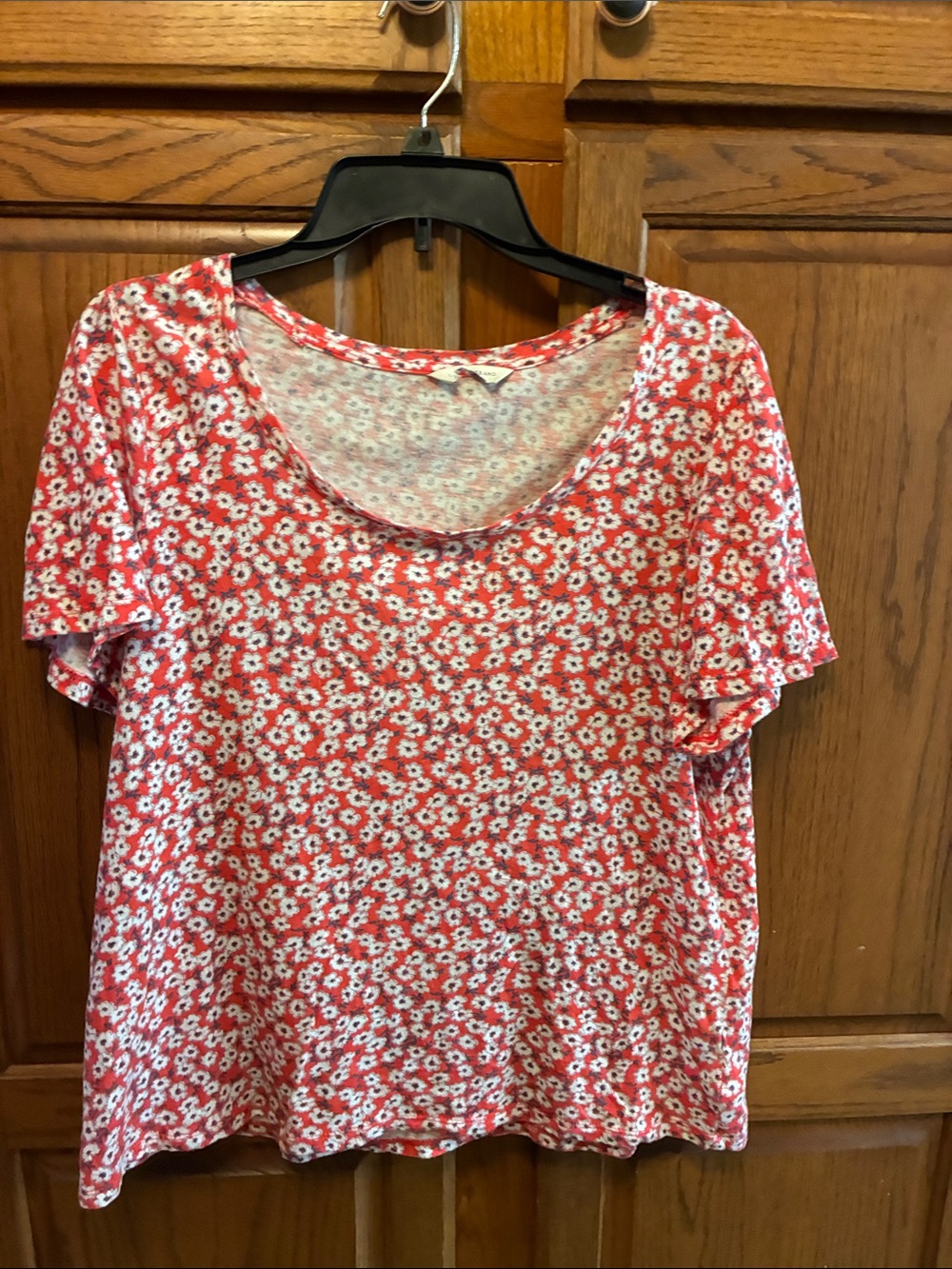 Lucky Brand Red Floral Short Sleeve Scoop Neck Tee size L